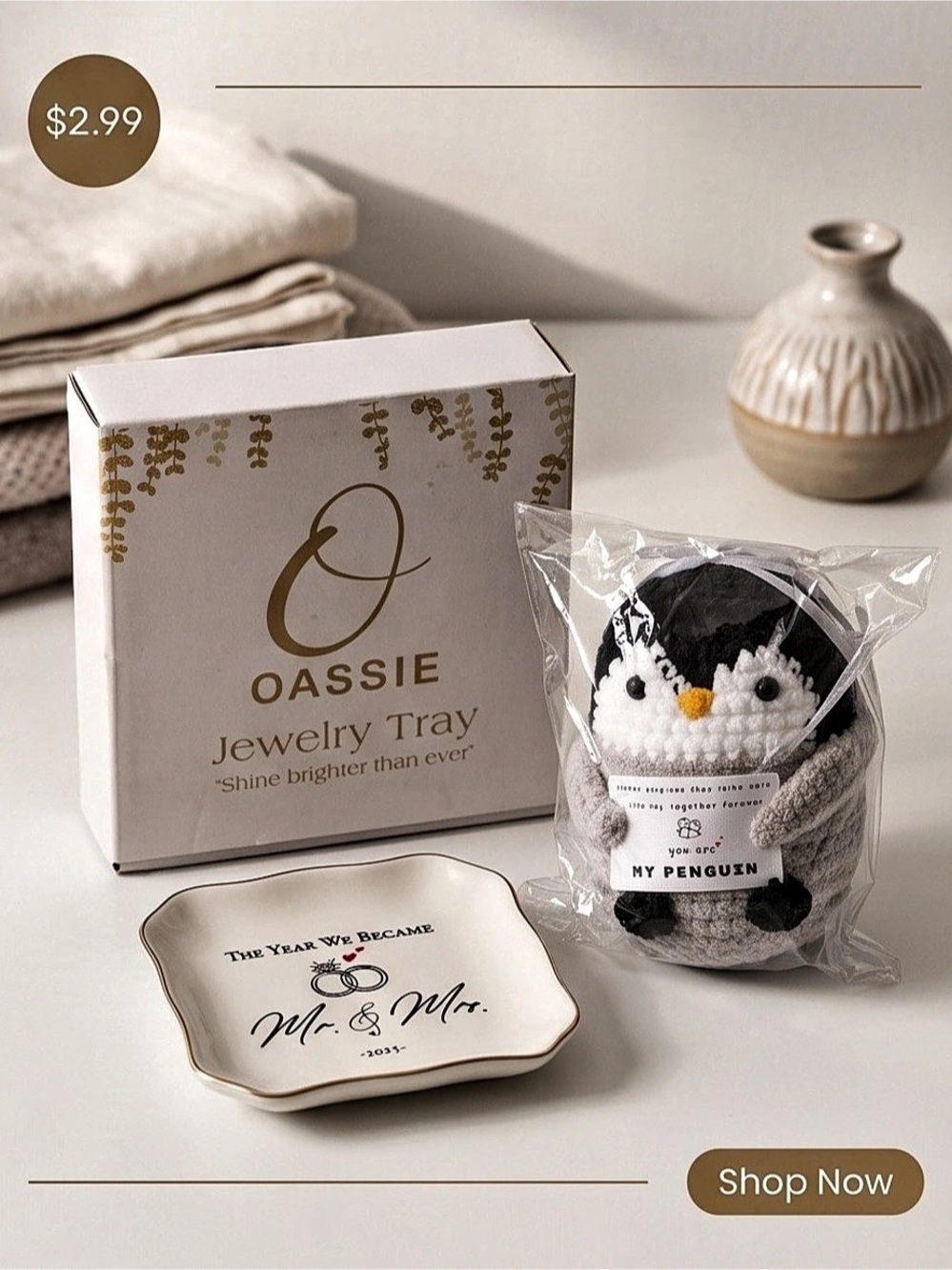 OASSIE Mr & Mrs Jewelry Tray White & Black and crochet penguin that says “when p
